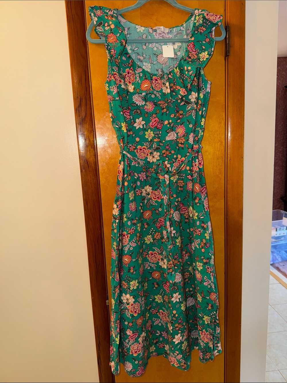 LOFT Green Floral Maxi Dress with Ruffle Shoulders